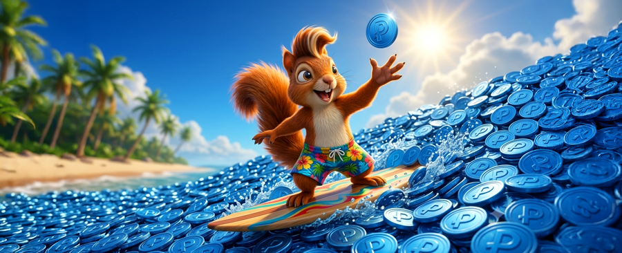 Ein fröhliches Eichhörnchen surft auf einem Surfbrett über eine Welle aus blauen Münzen mit Fragezeichen vor einem tropischen Strand mit Palmen und Sonne