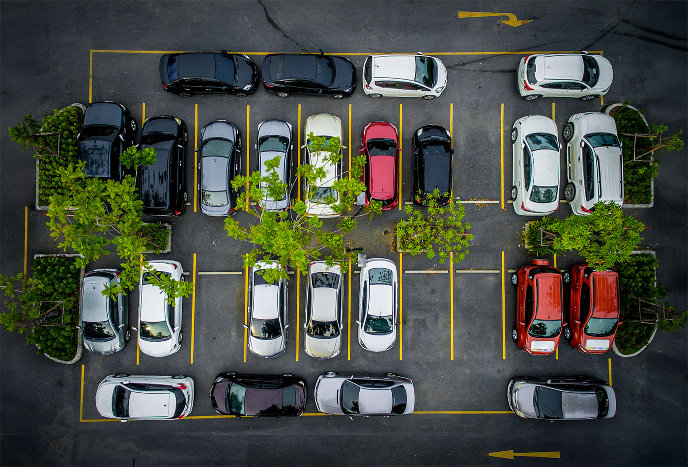 Luftaufnahme eines Parkplatzes mit mehreren geparkten Autos und kleinen B&auml;umen zwischen den Parkreihen