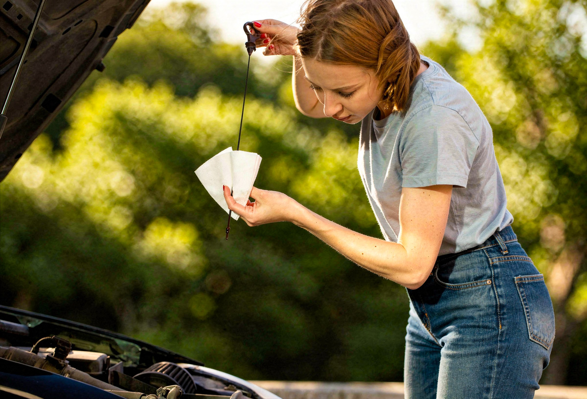 Eine junge Frau &uuml;berpr&uuml;ft den &Ouml;lstand ihres Autos. Sie zieht den &Ouml;lpeilstab aus dem Motorraum eines Autos und h&auml;lt ein Papiertuch zum Abwischen bereit.