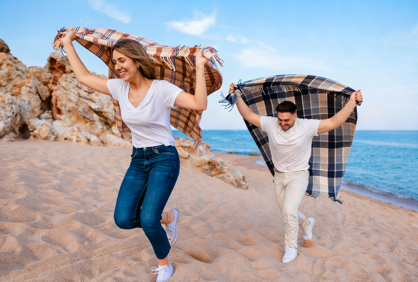 Zwei Personen laufen am Strand auf sandigem Untergrund. Beide halten jeweils eine große, karierte Decke über den Kopf, die im Wind flattert. Im Hintergrund sind Felsen und blauer Himmel zu sehen.