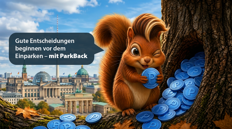 Eichhörnchen sitzt auf einem Baumstamm vor einer Stadtansicht und sammelt blaue Parkmünzen