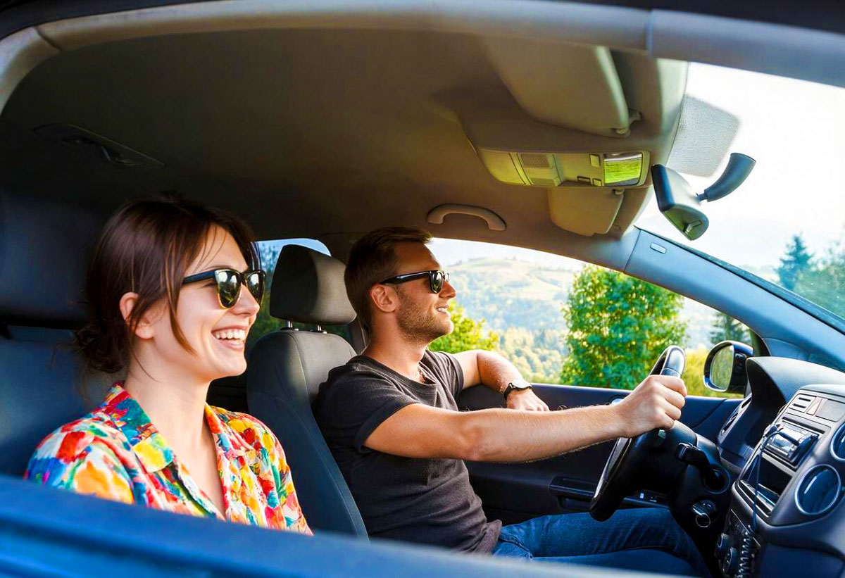 Frau und Mann mit Sonnenbrillen sitzen lachend nebeneinander auf den Vordersitzen eines Autos mit Blick auf eine Landschaft durch das offene Fenster.