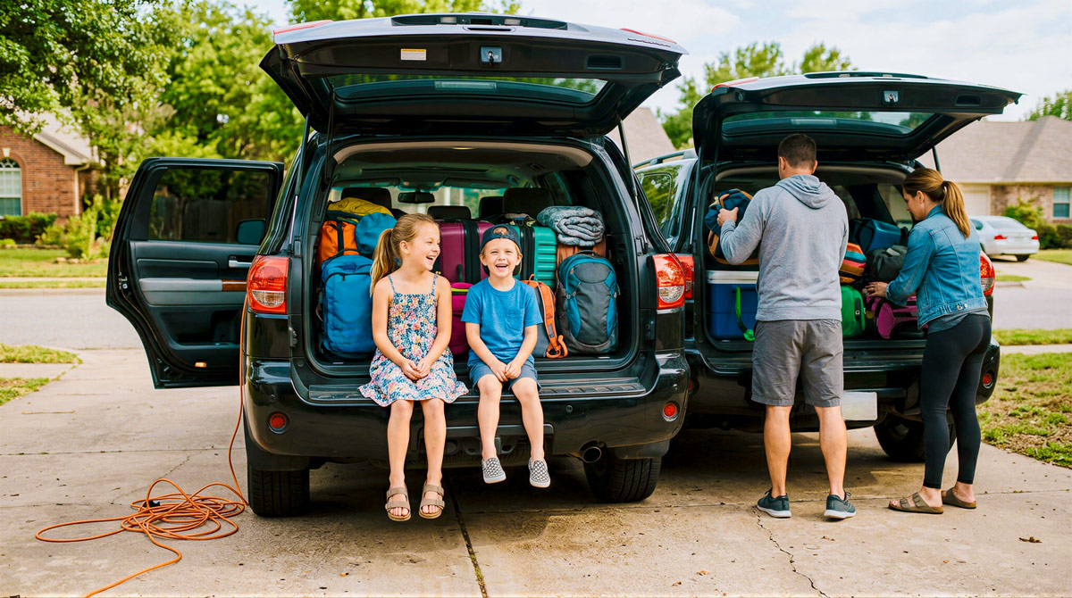 Zwei Kinder sitzen lachend auf der geöffneten Heckklappe eines Autos, während zwei Erwachsene daneben Gepäck in einen zweiten Wagen laden