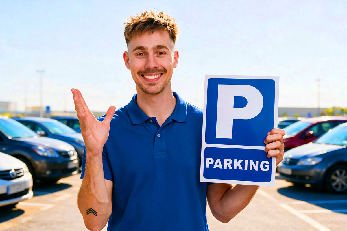 Lächelnder Mann in Poloshirt hält ein Schild mit dem Buchstaben P und dem Wort 'PARKING' auf einem Parkplatz mit geparkten Autos