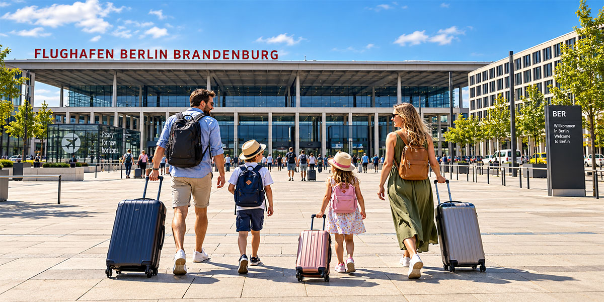 Zwei Erwachsene und zwei Kinder gehen mit Rollkoffern über den Vorplatz zum Terminal des Flughafens Berlin Brandenburg.