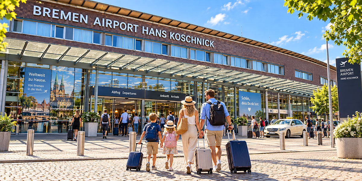 Zwei Erwachsene und zwei Kinder gehen mit Rollkoffern zum Terminaleingang des Flughafens Bremen.