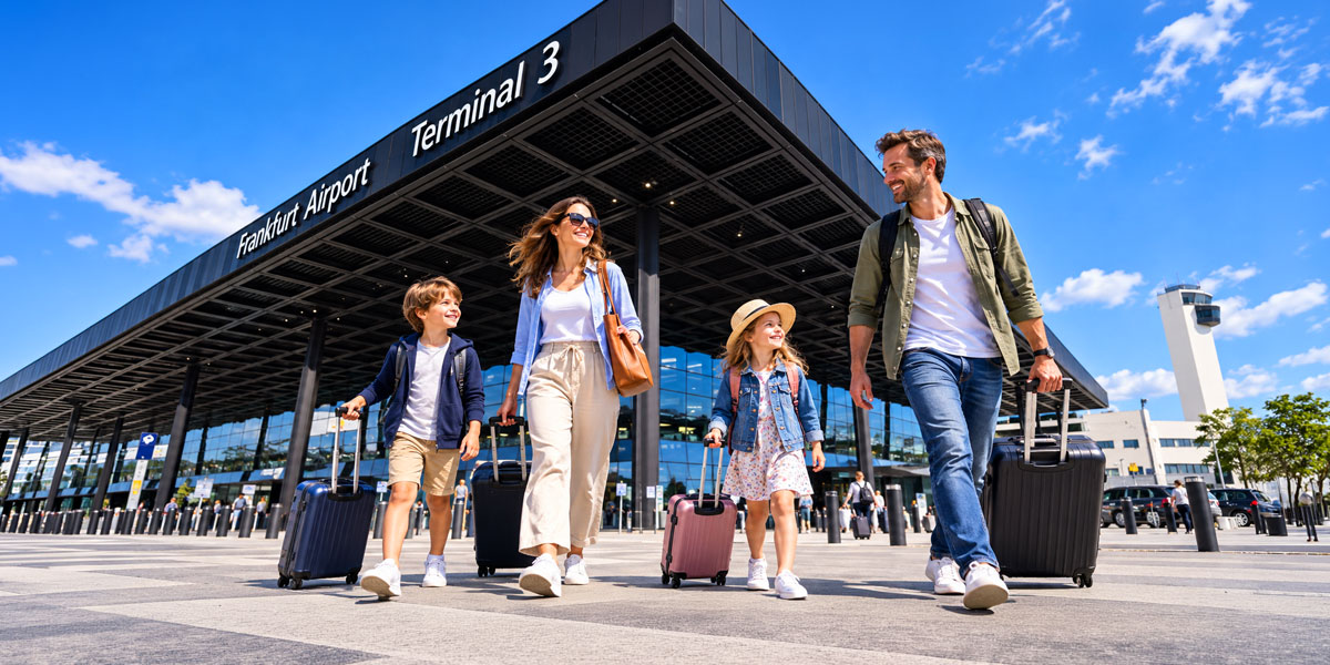Zwei Erwachsene und zwei Kinder gehen mit Rollkoffern über den Vorplatz von Terminal 3 am Flughafen Frankfurt am Main.