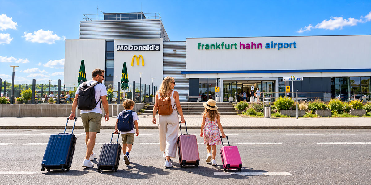 Zwei Erwachsene und zwei Kinder gehen mit Rollkoffern auf den Terminaleingang des Flughafens Frankfurt-Hahn zu.