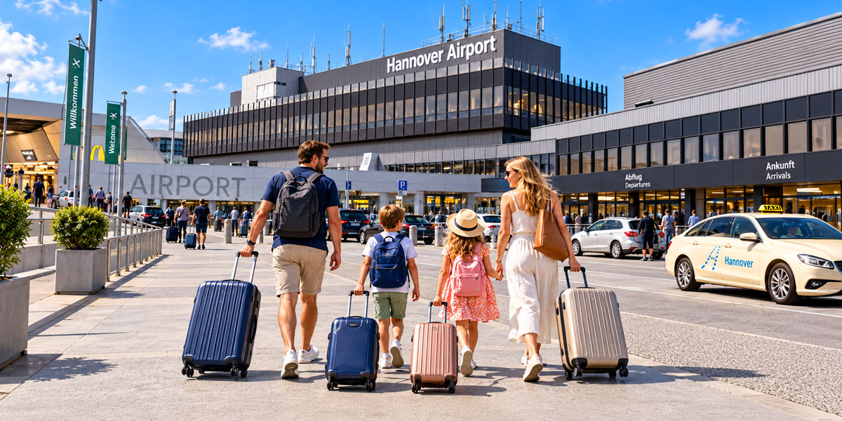 Zwei Erwachsene und zwei Kinder gehen mit Rollkoffern am Terminal des Flughafens Hannover entlang.
