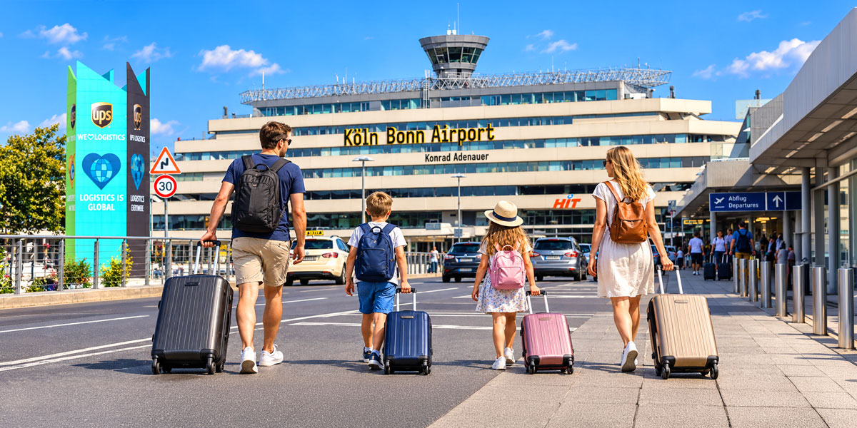 Zwei Erwachsene und zwei Kinder mit Rollkoffern vor dem Terminal des Flughafens Köln-Bonn mit Kontrollturm im Hintergrund.