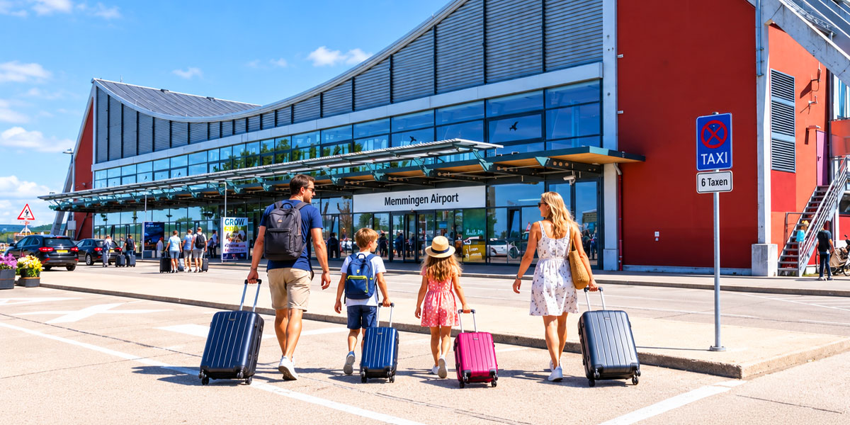 Zwei Erwachsene und zwei Kinder gehen mit Rollkoffern auf den Eingang des Flughafens Memmingen zu.
