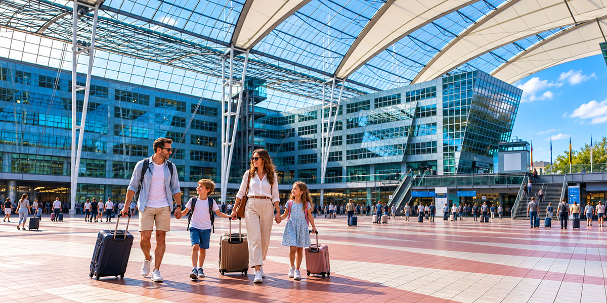 Zwei Erwachsene und zwei Kinder gehen mit Rollkoffern über einen Platz unter dem weit gespannten Glasdach am Flughafen München.