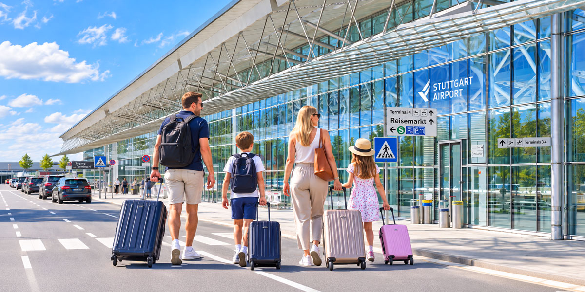 Zwei Erwachsene und zwei Kinder mit Rollkoffern vor der Glasfassade des Flughafens Stuttgart nahe dem Zugang zu Terminal 4.