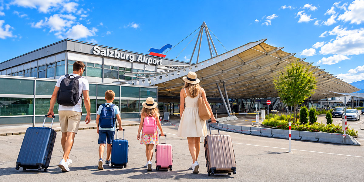 Zwei Erwachsene und zwei Kinder gehen mit Rollkoffern zum überdachten Terminaleingang des Flughafens Salzburg.