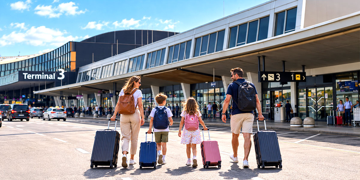 Zwei Erwachsene und zwei Kinder gehen mit Rollkoffern auf Terminal 3 des Flughafens Wien zu.