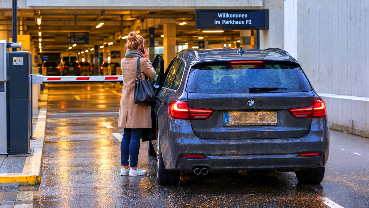 Frau mit Herbstmantel steht neben ihrem grauem Auto vor Schranke im Parkhaus. 