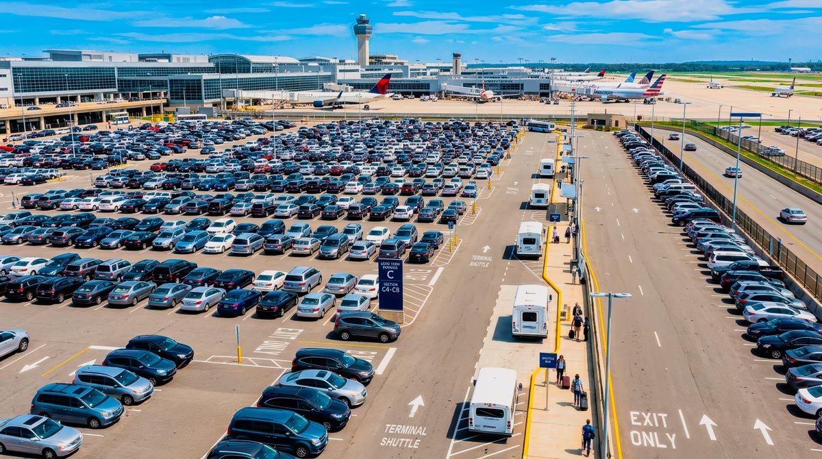 Luftaufnahme eines großen Flughafens mit voll belegtem Parkplatz, Terminalgebäude und Flugzeugen auf dem Rollfeld