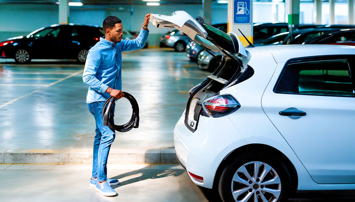 Mann in Parkhaus öffnet Kofferraum eines Elektroautos und hält Ladekabel in der Hand