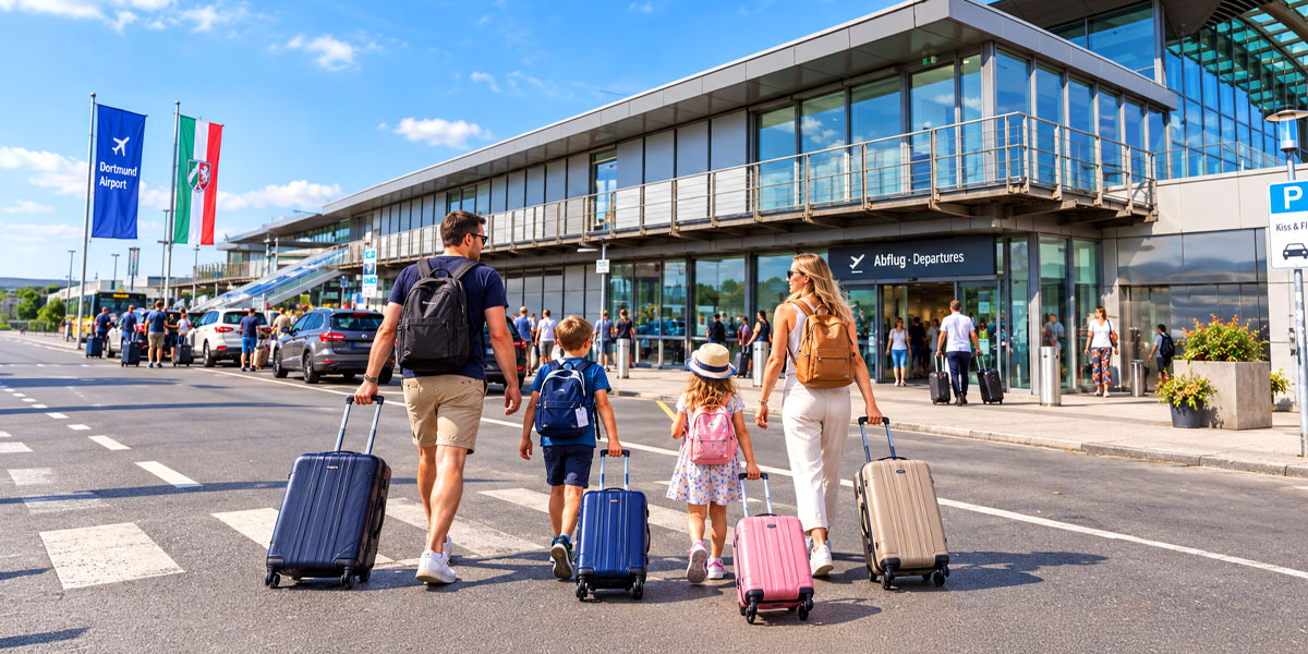 Familie mit zwei Kindern zieht Koffer vor dem Terminal des Flughafens Dortmund