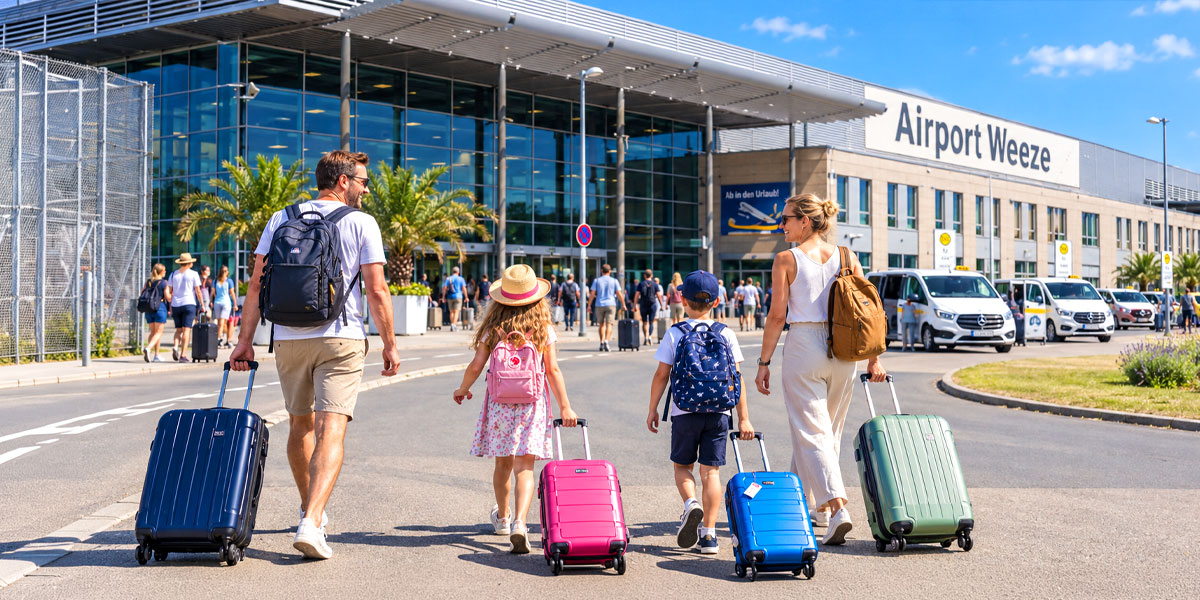 Familie mit zwei Kindern und Rollkoffern geht auf den Eingang des Flughafens Weeze zu