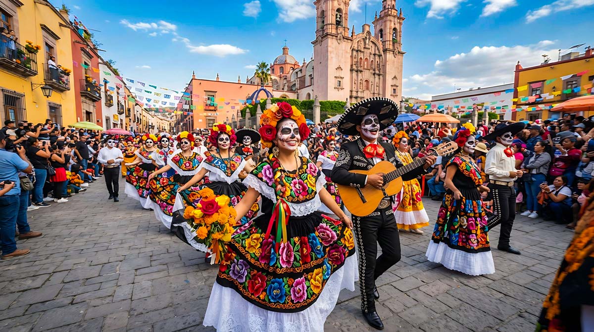 Gruppe von Menschen in traditioneller mexikanischer Kleidung und Totenkopf-Make-up tanzt und spielt Gitarre auf gepflasterter Straße vor einer Kirche, umgeben von Zuschauern und bunten Fahnen