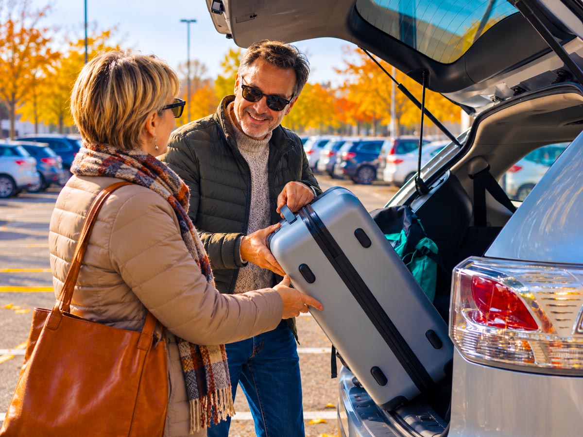Mann und Frau laden gemeinsam einen Koffer in den geöffneten Kofferraum eines Autos auf einem Parkplatz bei herbstlichem und sonnigem Wetter